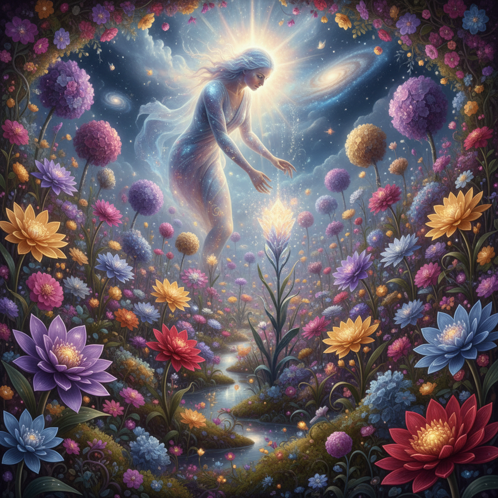 Scene features a lush glowing garden filled with d