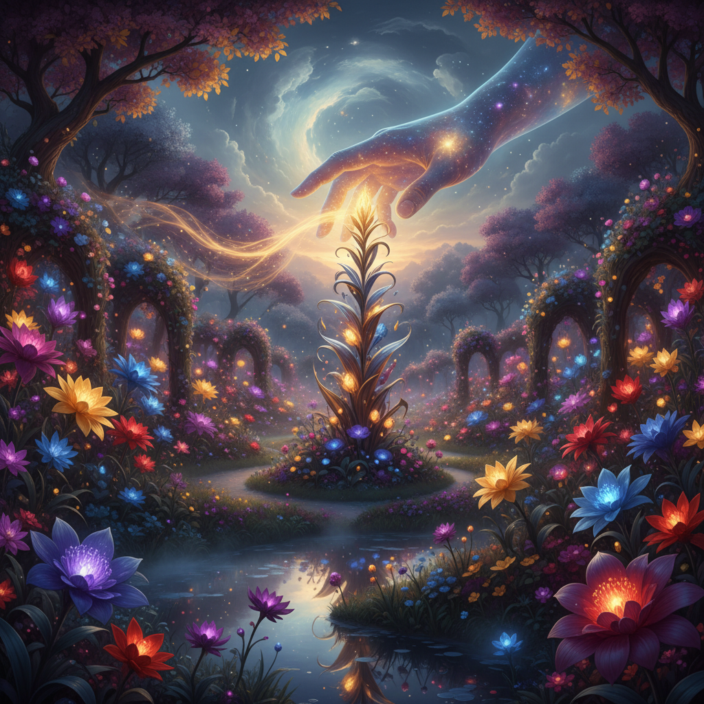 Scene features a lush glowing garden filled with d