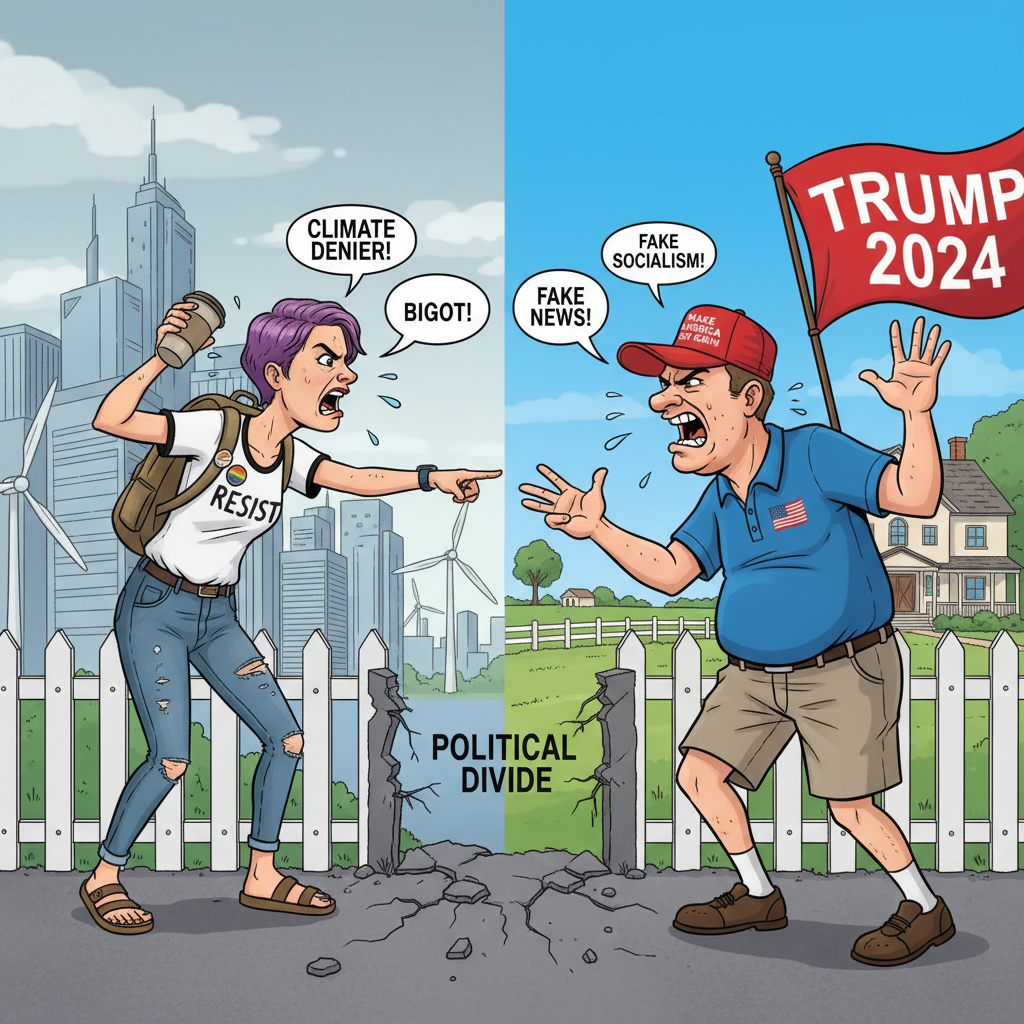 Draw a trump supporter facing right and a liberal 