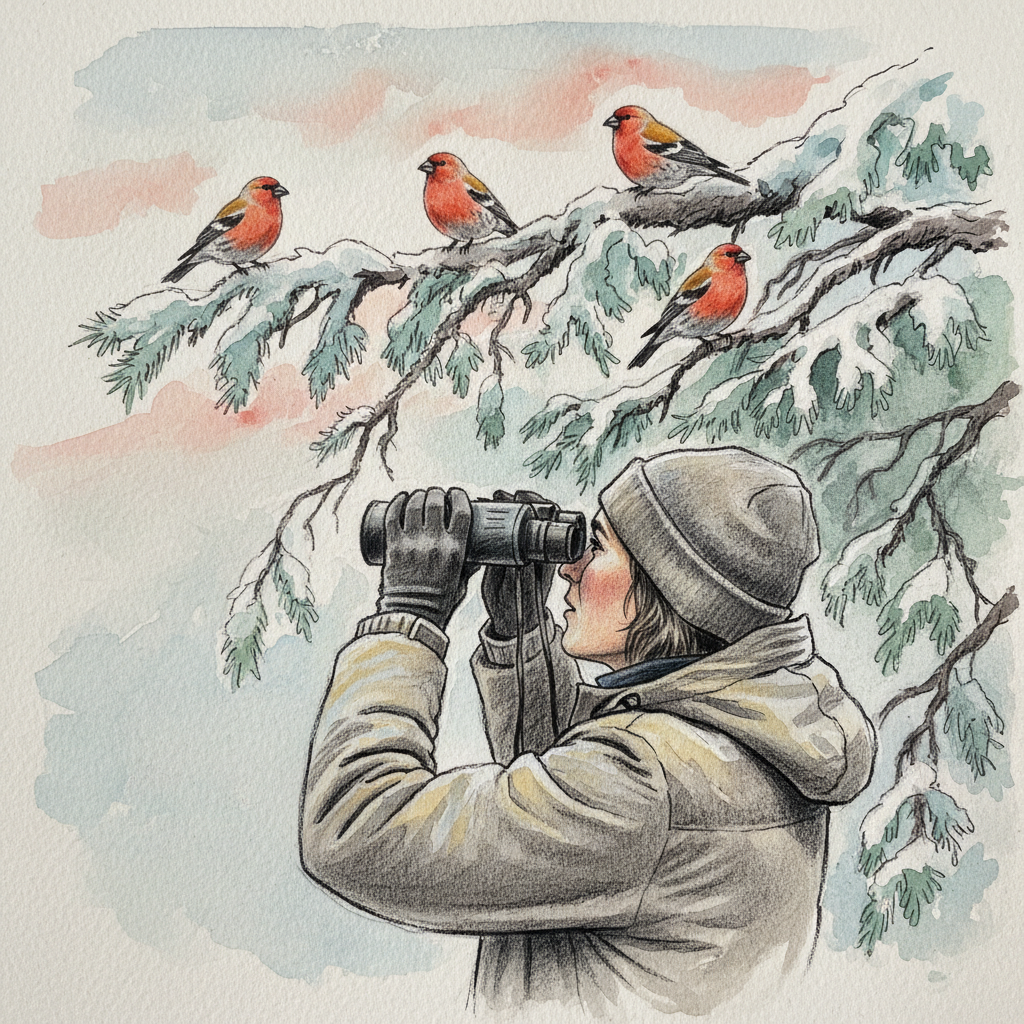 A drawing of a person looking up through binocular