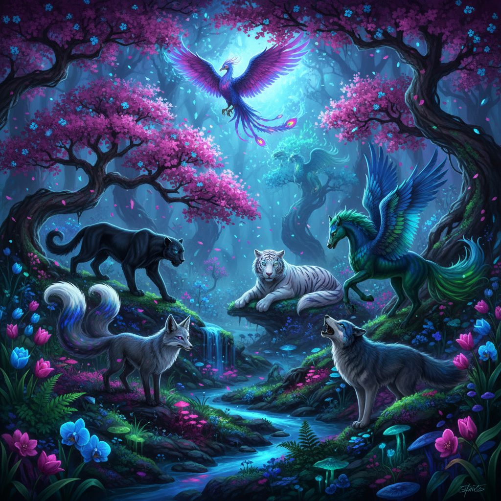 black panther, white tiger, wolf, Japanese cherry,