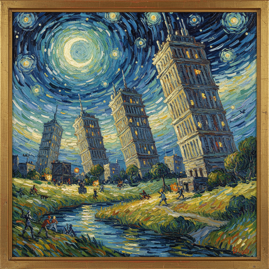 another one, a picture of the tiltet towers in fortnite in style of van gogh

 - DrawGPT