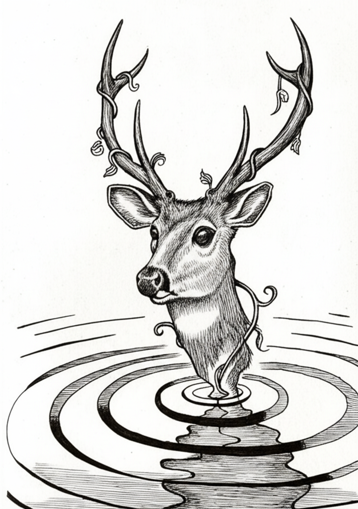 draw a Lesser mouse deer antler disolve into rippl