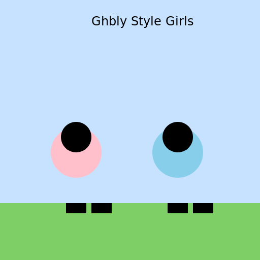 Two Girls Walking on Grass in Ghbly Style - DrawGPT