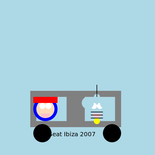 Nobita and Doraemon driving a grey 2007 Seat Ibiza - DrawGPT