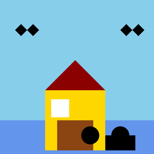 Village with Cottage, River, Sky, Birds, and a Cow - DrawGPT