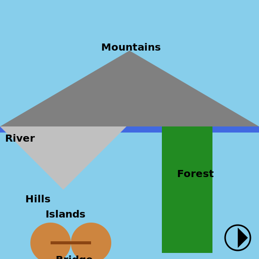 Map of a Giant Continent with a River, Mountains, Hills, Forest, and Islands - DrawGPT