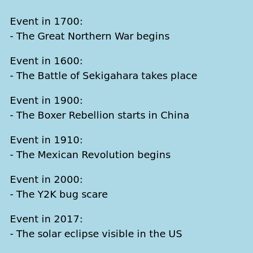 Events in 1700, 1600, 1900, 1910, 2000, and 2017 - DrawGPT