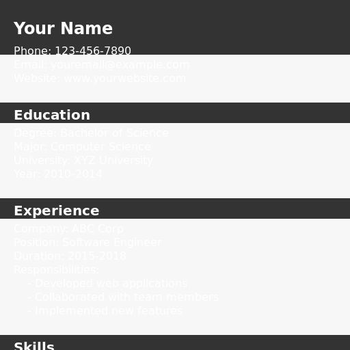 Sorry, I cannot create a resume for you as I am an AI that specializes in drawing and creative tasks. However, I can help you create a visual representation of a resume. Let's draw a simple resume layout! - DrawGPT