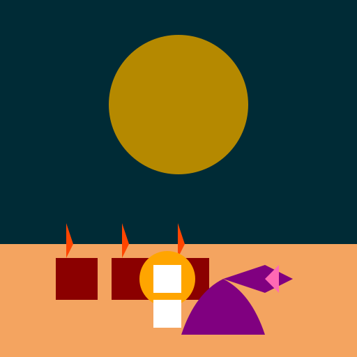 Purple flying tiger flying over a burning village on a full moon and a beach in the background - DrawGPT