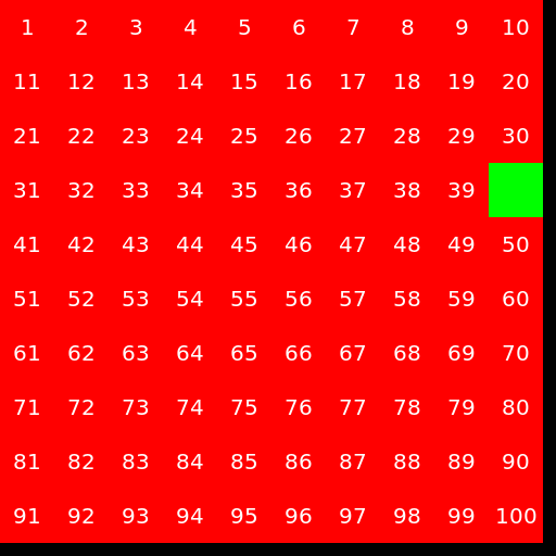 VHS in May 28th, 2023 with all 100 blocks with numbers in order and they are all red except number 40 which is green - DrawGPT