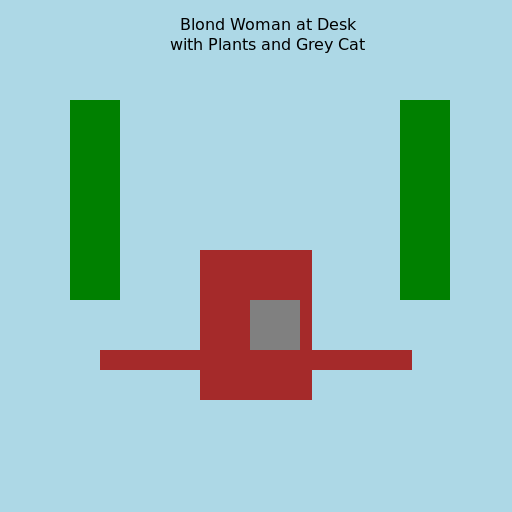 Blond Woman at Desk with Plants and Grey Cat - DrawGPT