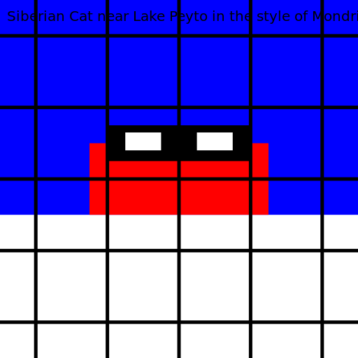 Siberian Cat near Lake Peyto in the Style of Mondrian - DrawGPT