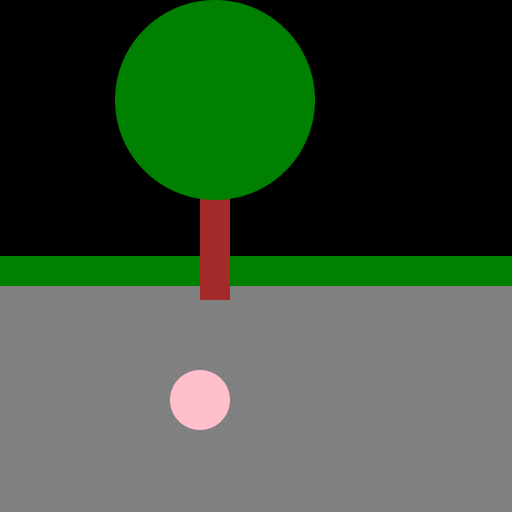 A girl squatted and petted a kitten's head under a tree on the grass on the side of a dark road. - DrawGPT