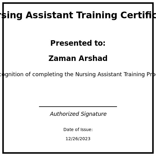 Nursing Assistant Training Certificate for Zaman Arshad - DrawGPT