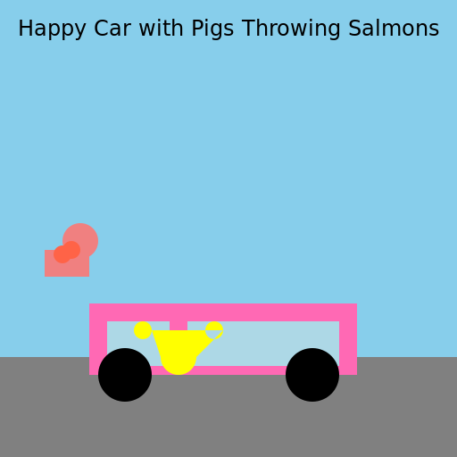 Car with a Happy Face and Pigs Throwing Salmons - DrawGPT
