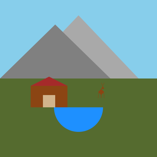 Mountain Retreat with Cabin and Deer by the Water - DrawGPT