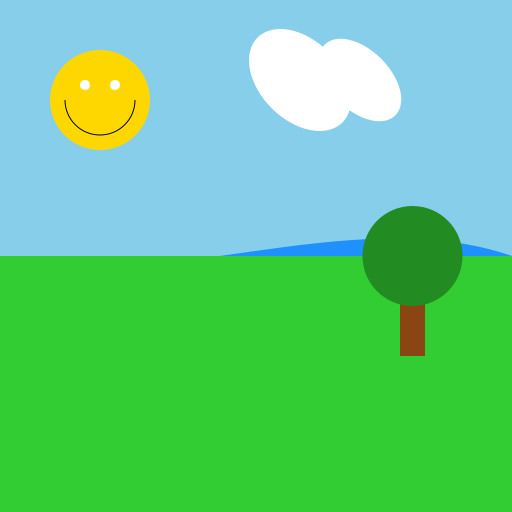 Whimsical Landscape with a Smiling Sun - DrawGPT