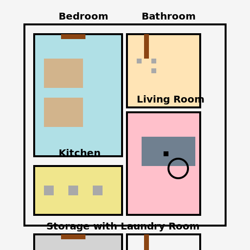 800sqft ADU Floor Plan with Bedroom, Bathroom, Kitchen, Living Room, Storage and Laundry Room - AI Prompt #21102 - DrawGPT