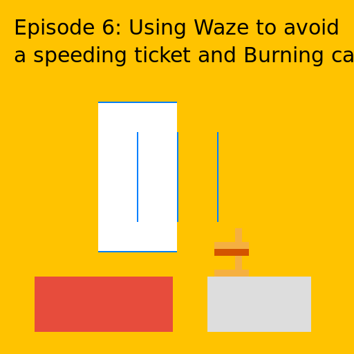Using Waze to avoid a speeding ticket and Burning car - Episode 6 Show Logo - AI Prompt #30936 - DrawGPT