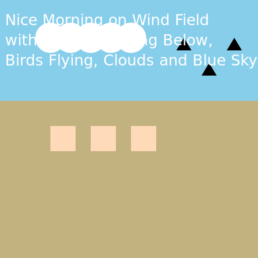 Nice Morning on Wind Field with People Working Below, Birds Flying, Clouds and Blue Sky - Panorama Oil Painting - AI Prompt #32133 - DrawGPT