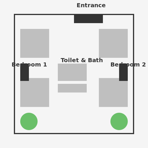 Modern One-Storey Residential Building Floor Plan with 2 Bedrooms and 1 Toilet and Bath - DrawGPT
