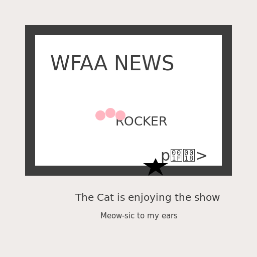 Cat Watching WFAA News at Darren's Belly Flop with ROCKER in Old English Font and Stuart with Panther Hissing Face - AI Prompt #39496 - DrawGPT