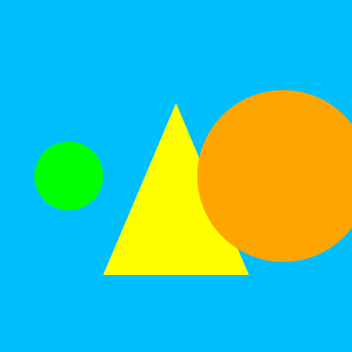 Yellow Triangle on Blue Square, Small Green Circle on the Left, Big Orange Circle on the Right - AI Prompt #44628 - DrawGPT