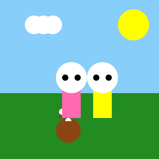 A Man in a Yellow T-Shirt and a Man in a Pink Bucket Hat Standing Next to a Dwarf - DrawGPT