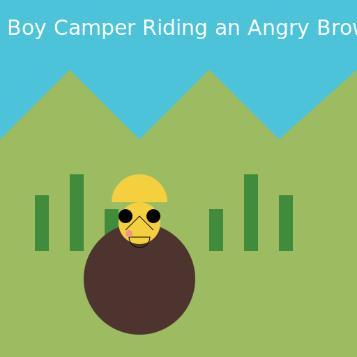 Boy Camper Riding an Angry Brown Bear Near a Lake - DrawGPT