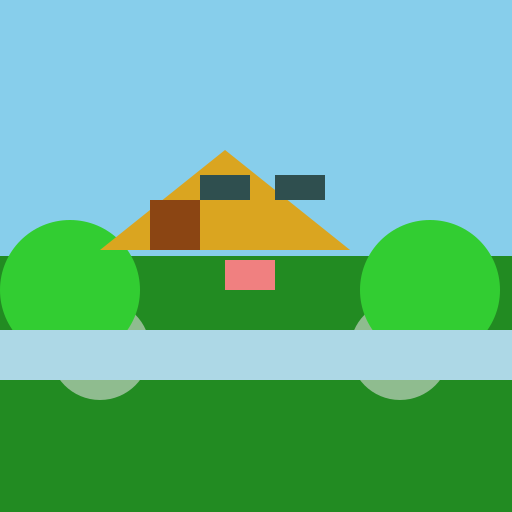 Bonneville Castle - A majestic castle surrounded by lush green trees and a flowing river. - DrawGPT