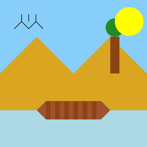 Bridge Over a Small River Between Yellow Hills and an Old Tree - DrawGPT