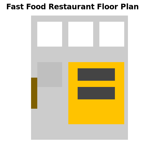 Fast food restaurant floor plan with private family rooms, toilet, and kitchen - DrawGPT
