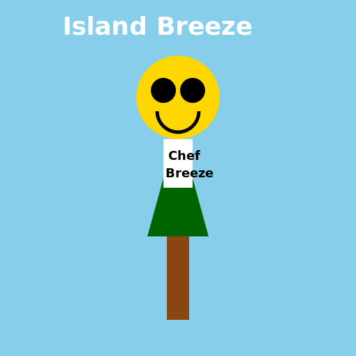 Island Breeze - A palm tree character with a big, friendly face, sunglasses, and a chef's apron. - DrawGPT