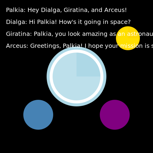 Palkia in Outer Space as an Astronaut Chatting with the Creation Trio and Arceus - DrawGPT