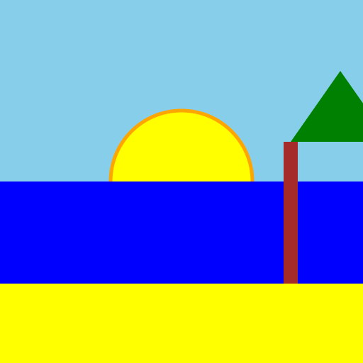 Blue Sky, Yellow Sun, Blue Ocean, Yellow Beach, and a Palm Tree on the Right - DrawGPT