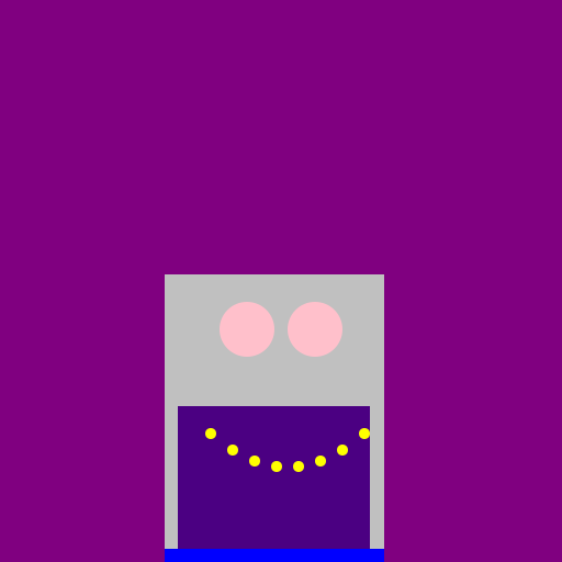 Silver Robot with Pink Eyes, Purple Background, Blue Skirt and Red Hearts, Indigo Shirt and Yellow Stars - AI Prompt #6750 - DrawGPT