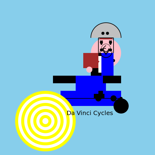 Cartoon Leonardo da Vinci Doing a Wheelie on a Blue Sports Bike - DrawGPT