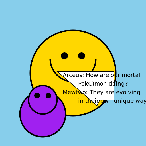 Arceus and Mewtwo discussing the well-being of mortal Pokémon - DrawGPT