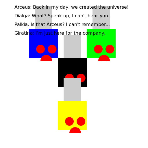 Senile Arceus talking to the senile Creation Trio - DrawGPT