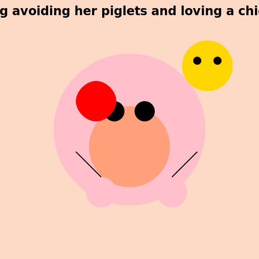 Pig avoiding her piglets and loving a chick - DrawGPT