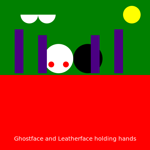 Ghostface and Leatherface holding hands in the park, which has a lake of blood - DrawGPT