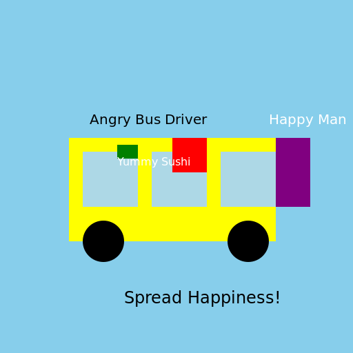 Angry Bus Driver Eating Sushi and Encouraging a Happy Man - DrawGPT