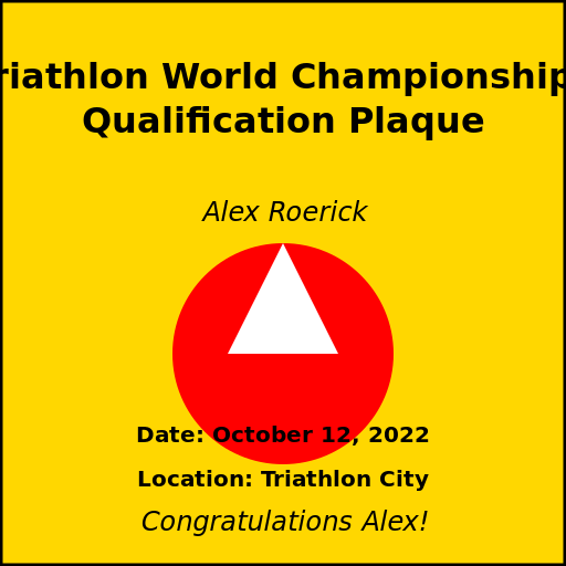 Triathlon World Championships Qualification Plaque for Alex Roerick - DrawGPT