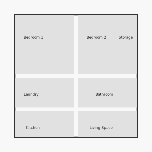 Tiny Home with 2 Bedrooms, Bathroom, Laundry, Kitchen, Living Space, and Storage - DrawGPT