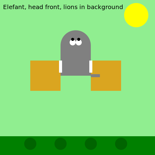 Elefant, head front, lions in background - DrawGPT