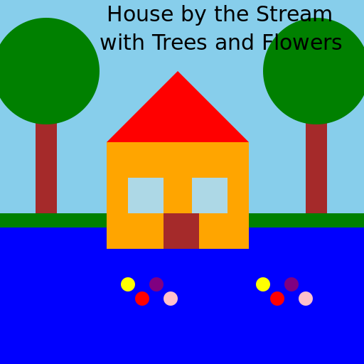 House by the Stream with Trees and Flowers - DrawGPT