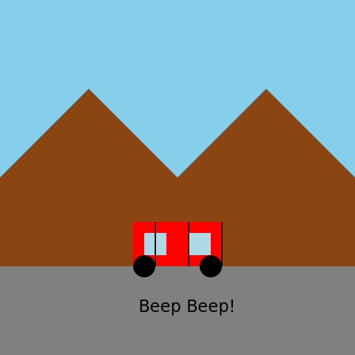 Small Red Cartoon Car on Road with Mountains in Background - DrawGPT