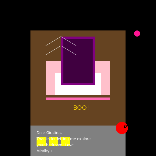 Mimikyu exploring Giratina's bedroom - DrawGPT