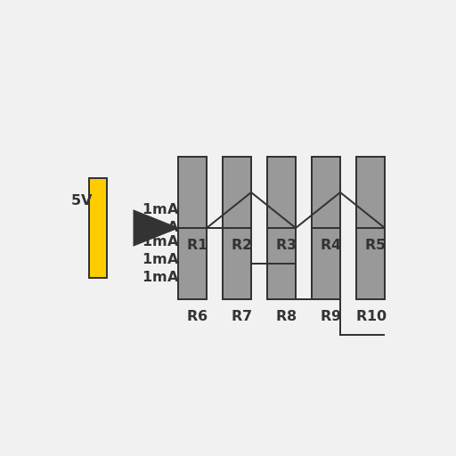Circuit with 5V voltage source, 10 resistances - DrawGPT